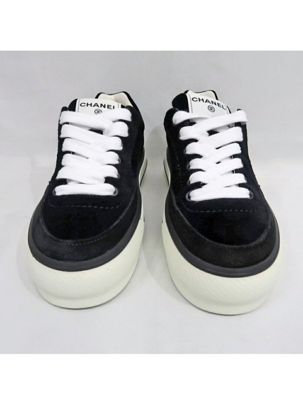 Chanel Suede Sneakers 38 Black Off White - Picture 3 of 10